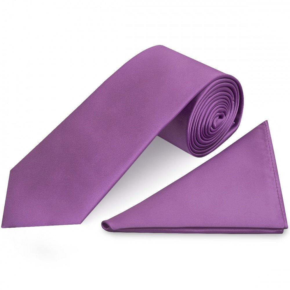 Plain Cadburys Purple Satin Classic Mens Tie And Pocket Square Set 1