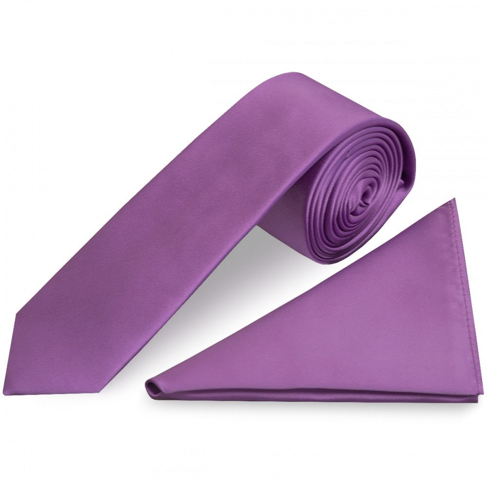 Cadburys Purple Satin Skinny Mens Tie And Pocket Square Set 1