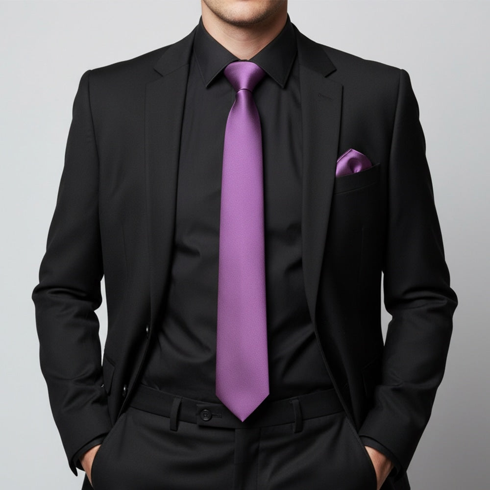 Plain Cadburys Purple Satin Classic Mens Tie And Pocket Square Set 2