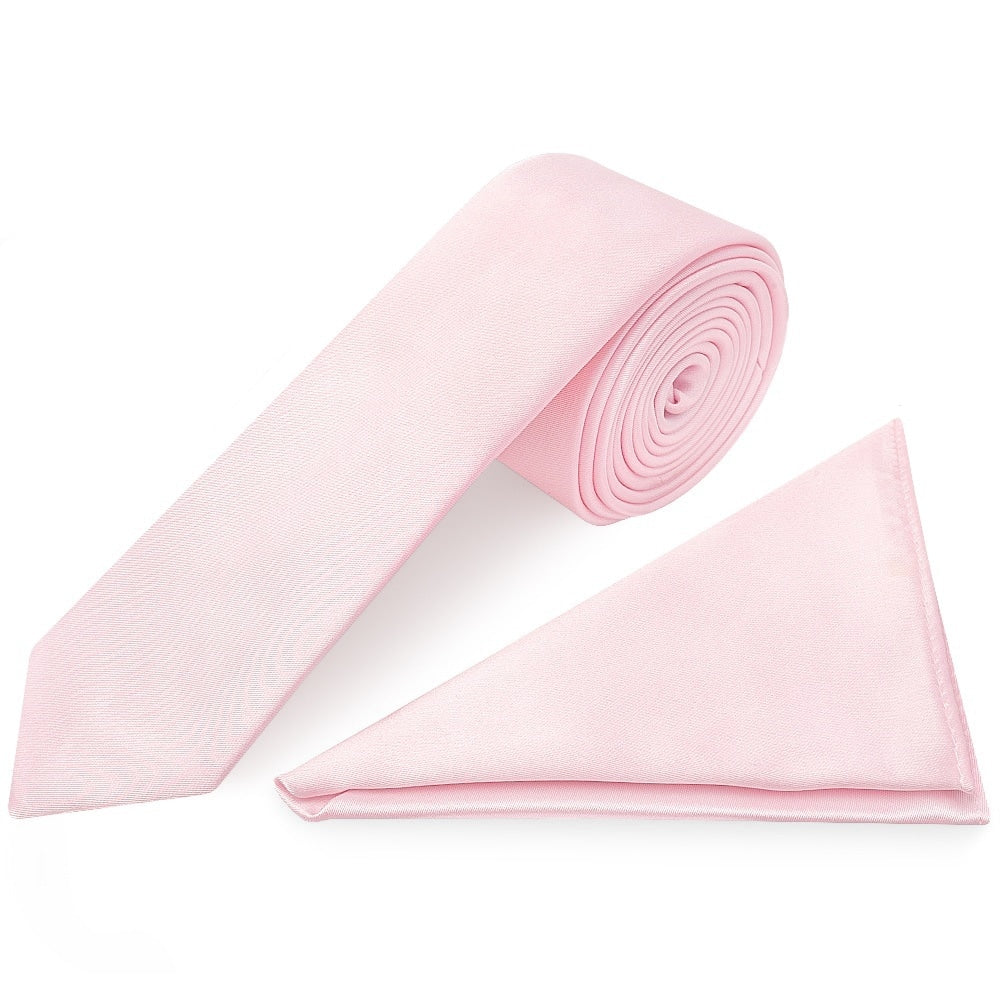 Plain Blush Pink Satin Skinny Mens Tie And Pocket Square Set 1