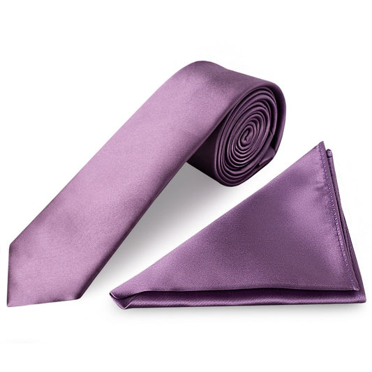 Plain Light Mauve Satin Skinny Boys Tie And Pocket Square Set 1