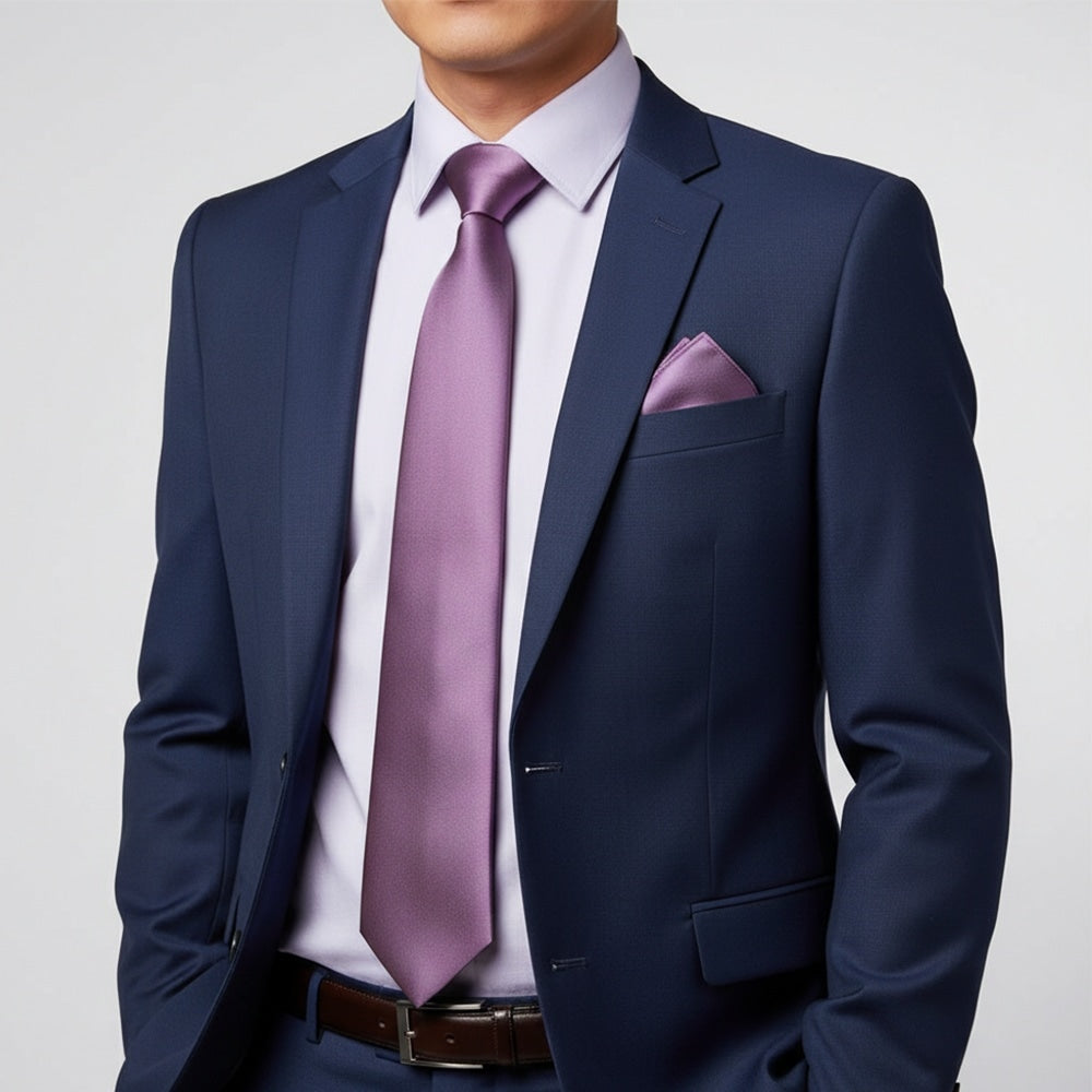 Plain Light Mauve Satin Classic Mens Tie And Pocket Square Set 2