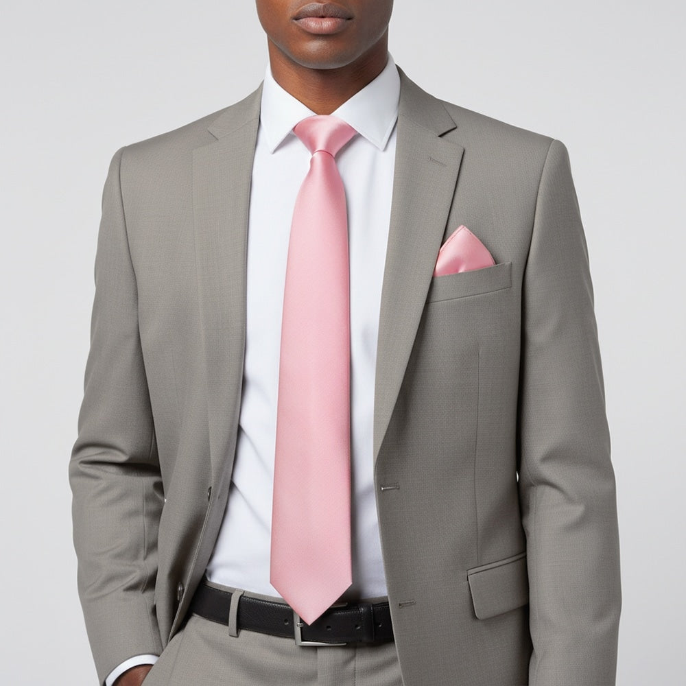 Plain Pink Satin Classic Mens Tie And Pocket Square Set 2