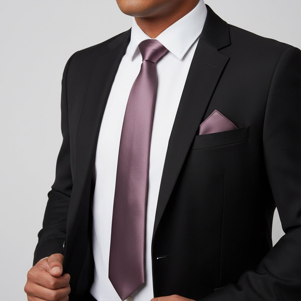 Plain Mauve Satin Classic Mens Tie And Pocket Square Set 2