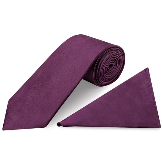 Plain Plum Satin Classic Mens Tie And Pocket Square Set 1