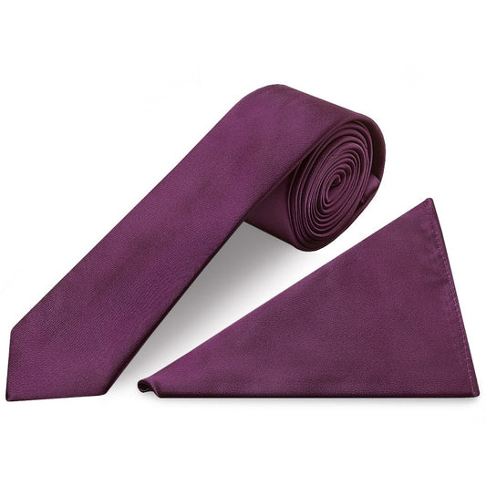 Plain Plum Satin Skinny Mens Tie And Pocket Square Set 1