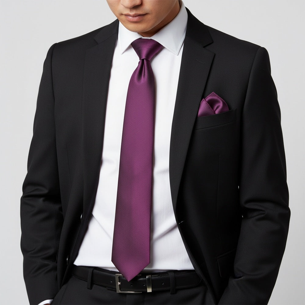 Plain Plum Satin Classic Mens Tie And Pocket Square Set 2