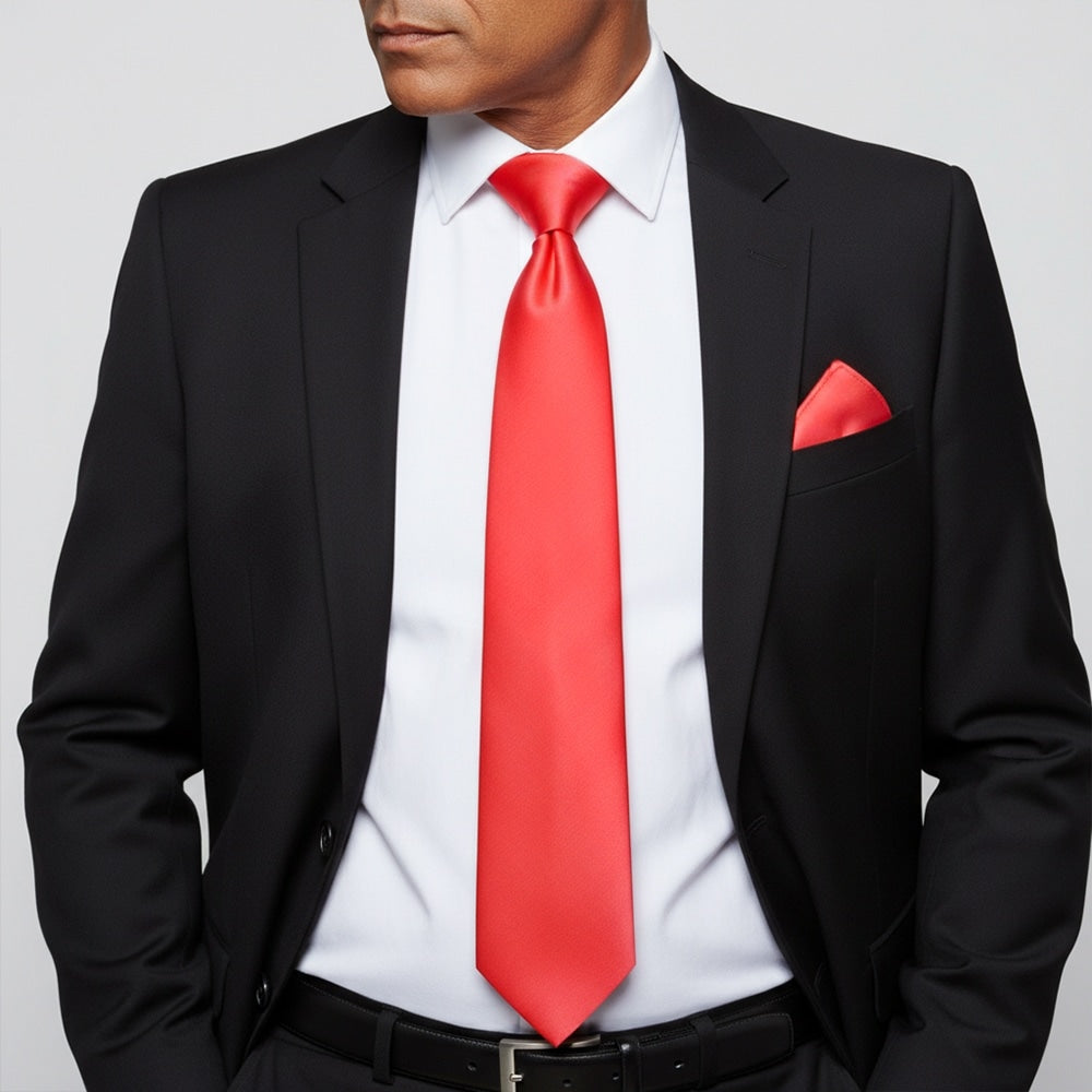 Plain Coral Pink Satin Classic Mens Tie And Pocket Square Set 2