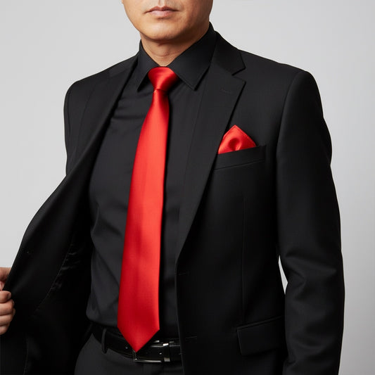 Plain Bright Red Satin Classic Mens Tie And Pocket Square Set 2