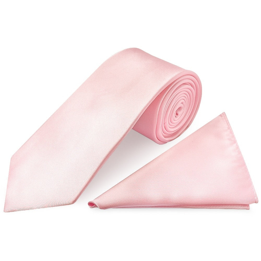 Baby Pink Satin Classic Mens Tie And Pocket Square Set 1