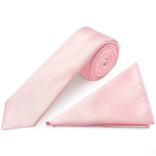 Baby Pink Satin Skinny Mens Tie And Pocket Square Set 1