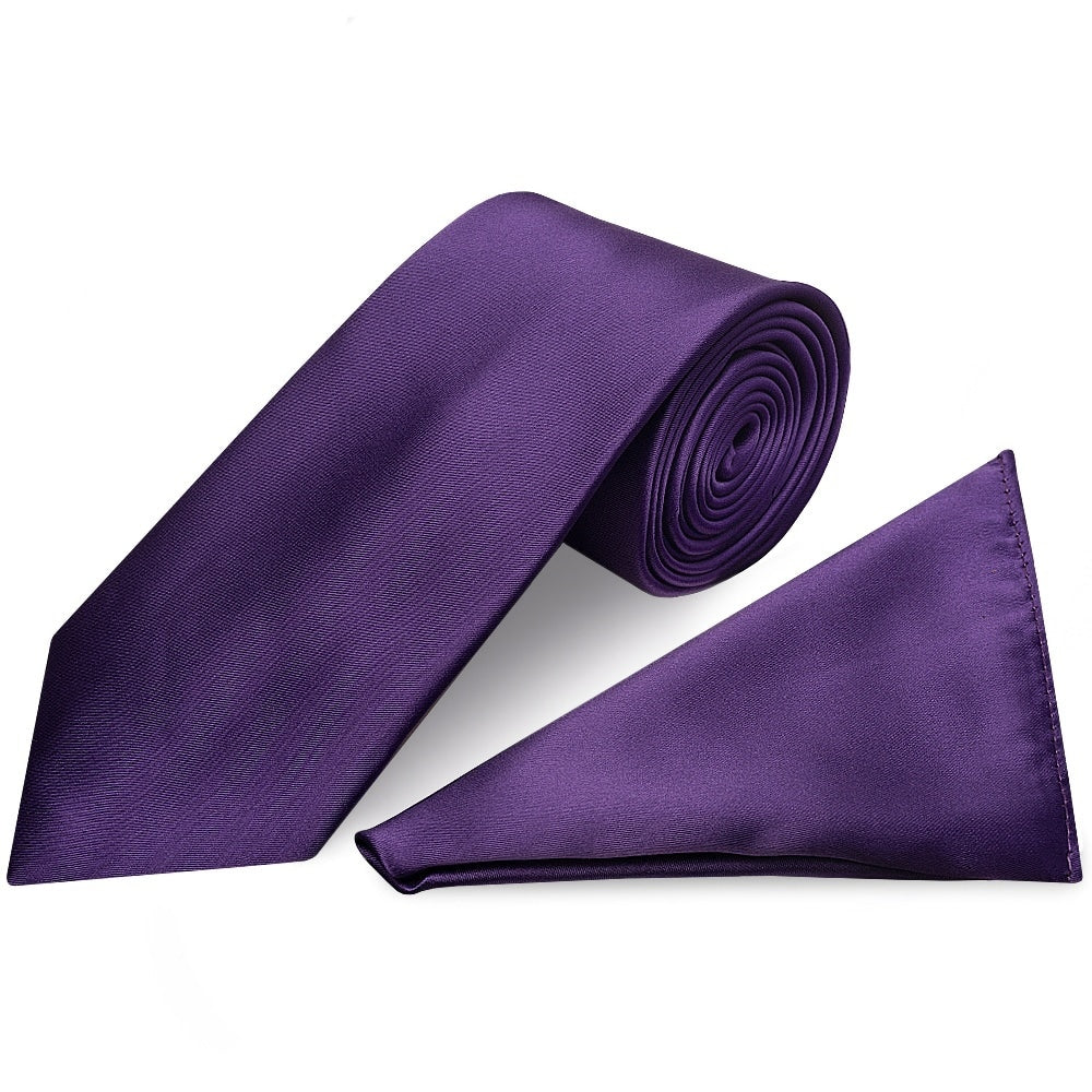 Plain Purple Satin Classic Mens Tie And Pocket Square Set 1