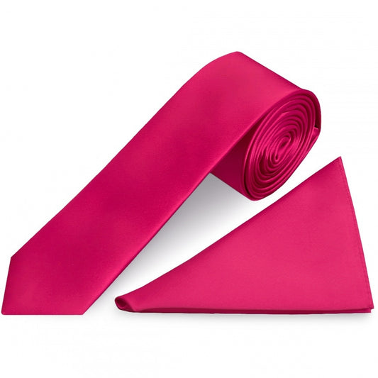 Plain Cerise Pink Satin Skinny Mens Tie And Pocket Square Set 1