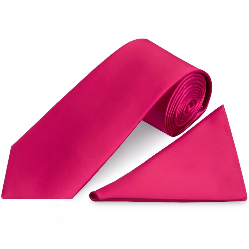 Plain Cerise Pink Satin Classic Mens Tie And Pocket Square Set 1