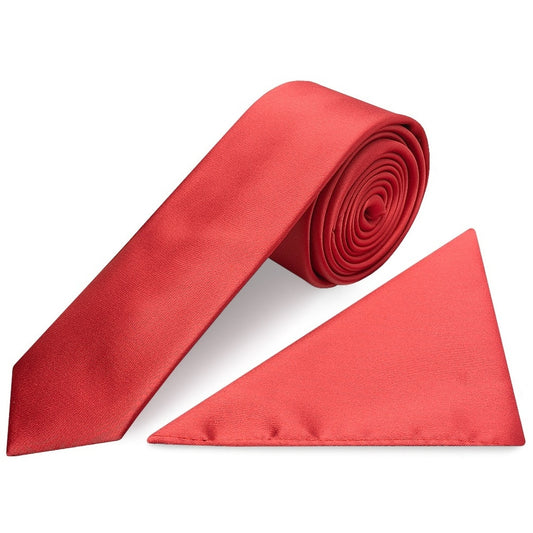 Fiesta Red Satin Skinny Mens Tie And Pocket Square Set 1
