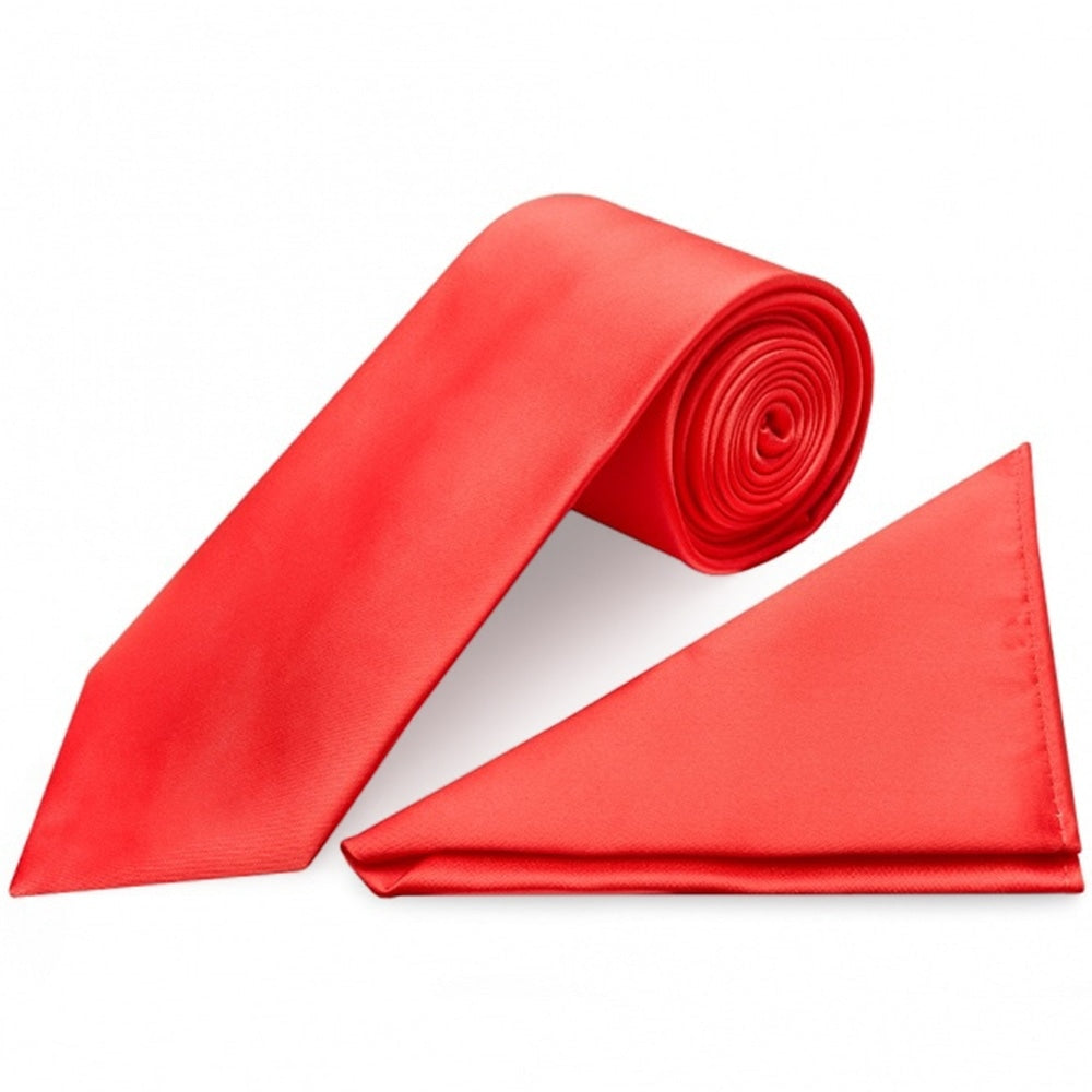 Plain Coral Pink Satin Classic Mens Tie And Pocket Square Set 1