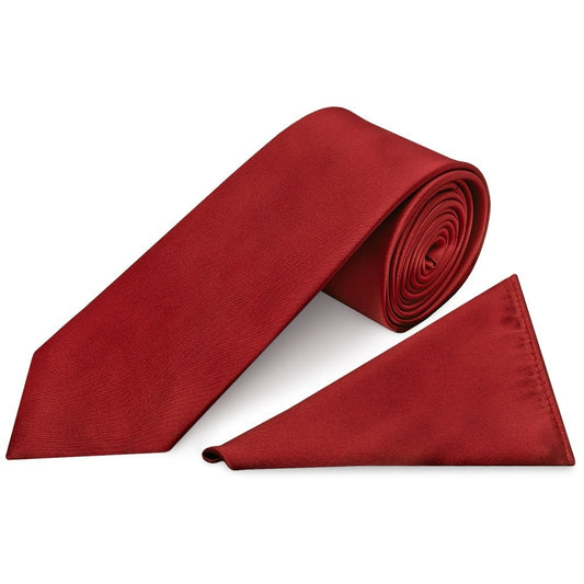 Plain Red Wine Satin Classic Mens Tie Pocket Square Set 1