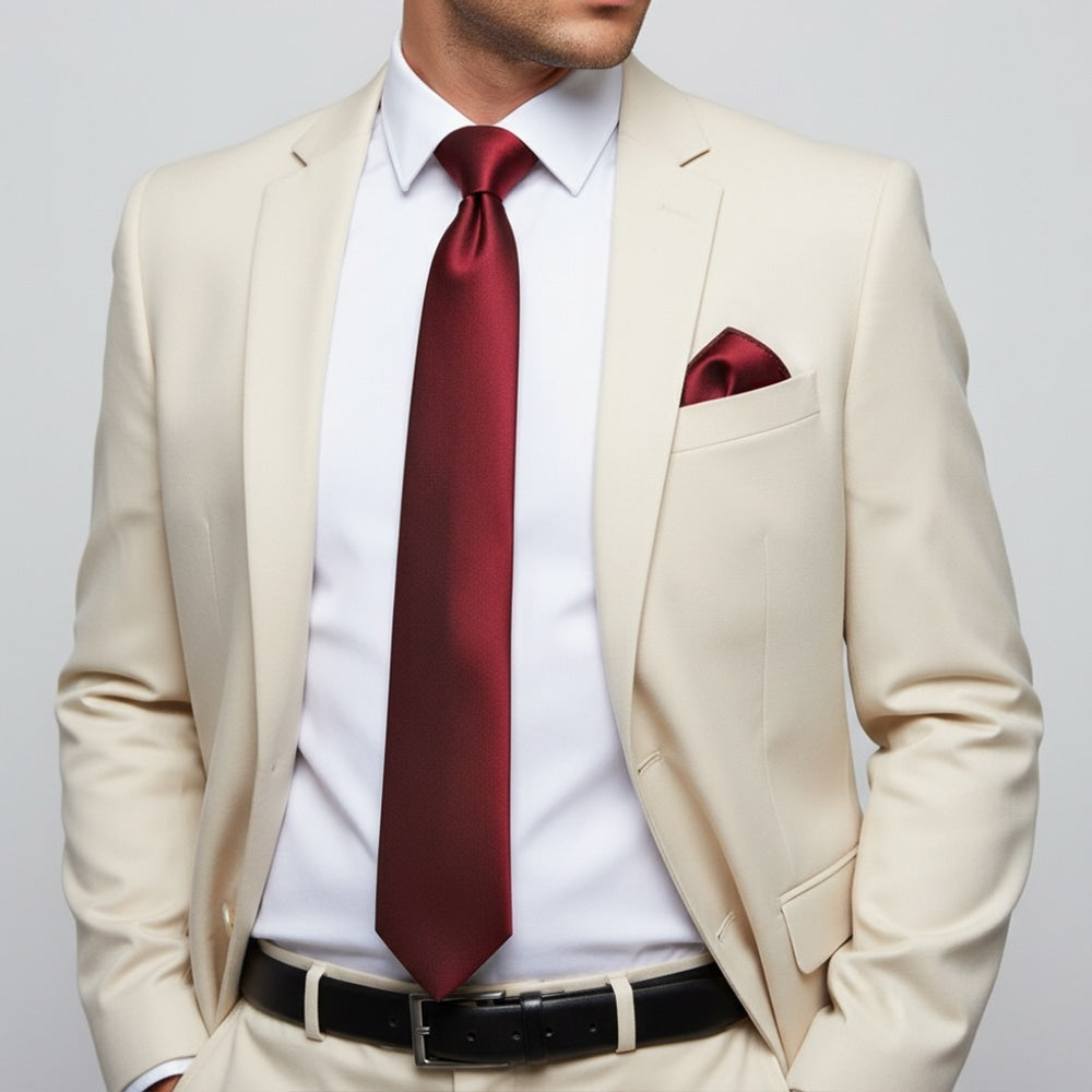 Plain Maroon Satin Classic Mens Tie And Pocket Square Set 2
