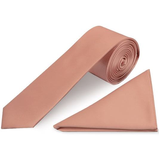 Rose Quartz Satin Skinny Mens Tie And Pocket Square Set 1
