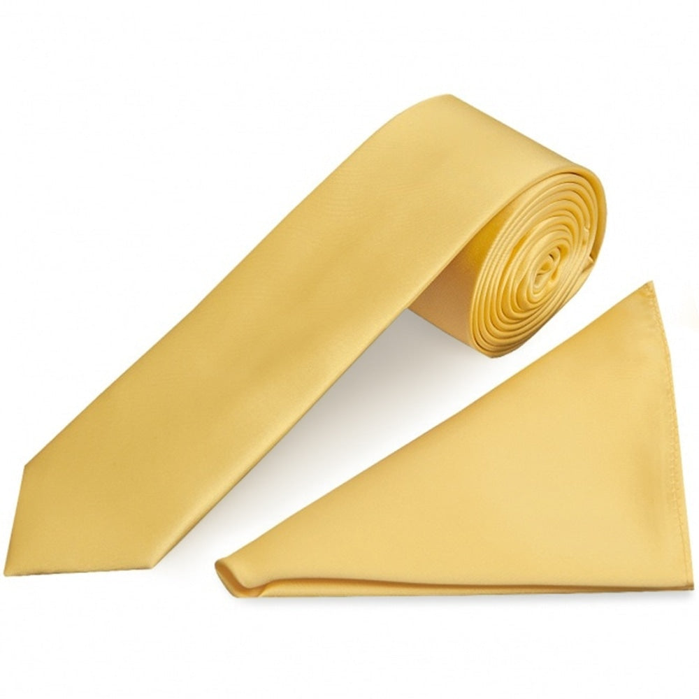 Plain Gold Satin Skinny Mens Tie And Pocket Square Set 1