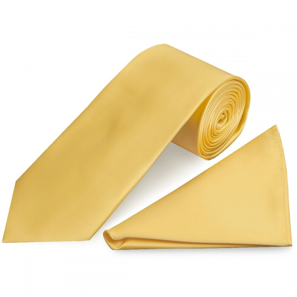 Plain Gold Satin Classic Mens Tie And Pocket Square Set 1