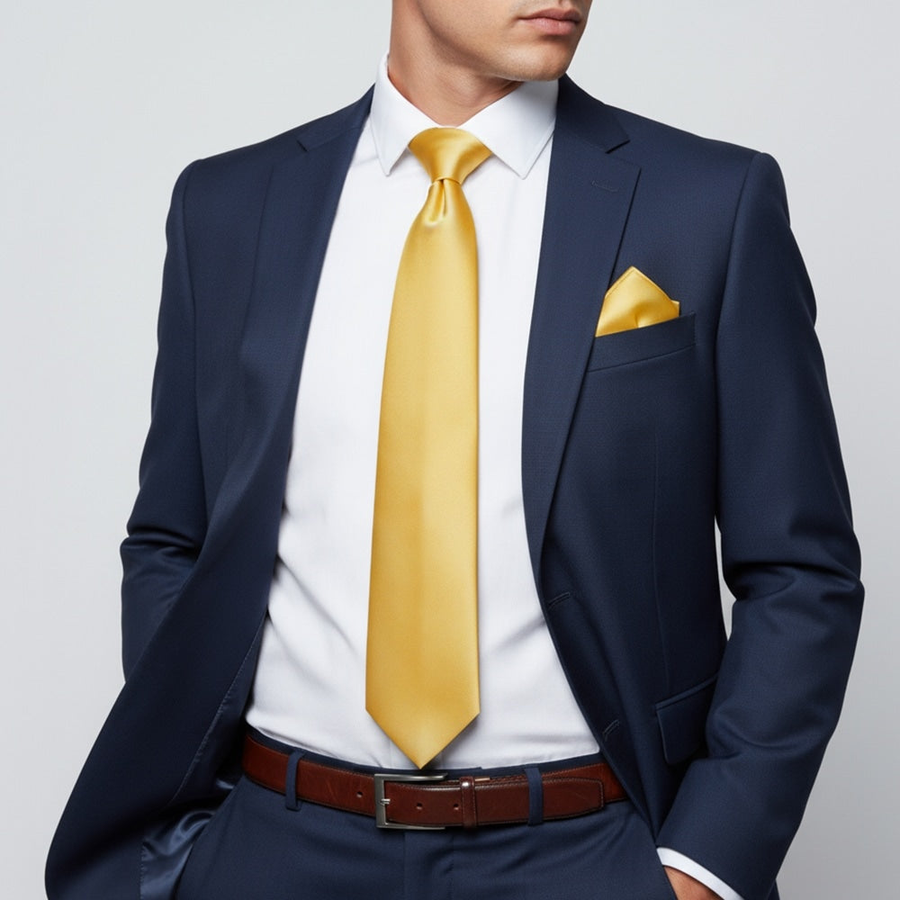 Plain Gold Satin Classic Mens Tie And Pocket Square Set 2
