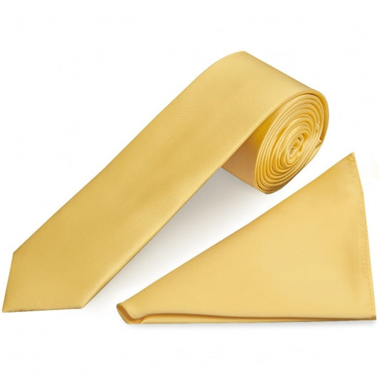Plain Gold Satin Skinny Boys Tie And Pocket Square Set 1