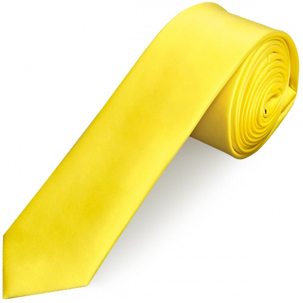 Sunshine Yellow Satin Skinny Mens Tie And Pocket Square Set 2