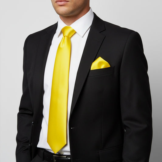 Sunshine Yellow Satin Classic Mens Tie And Pocket Square Set 2