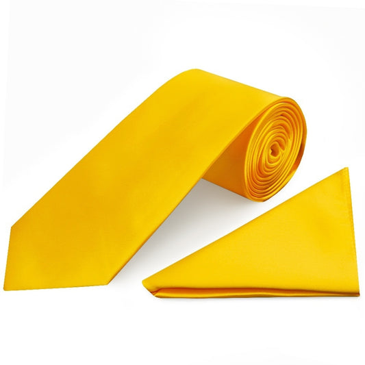 Plain Bright Yellow Satin Classic Mens Tie And Pocket Square Set 1