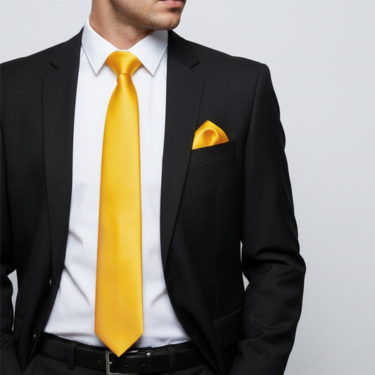 Plain Bright Yellow Satin Classic Mens Tie And Pocket Square Set 2