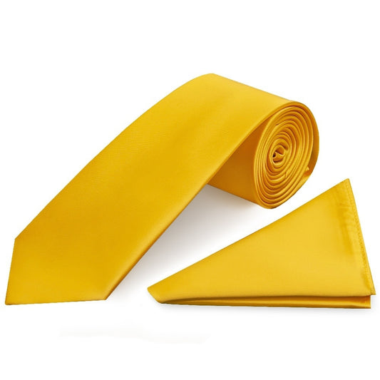 Plain Yellow Satin Classic Mens Tie And Pocket Square Set 1