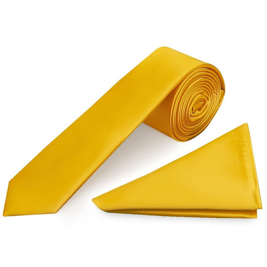 Plain Yellow Satin Skinny Mens Tie And Pocket Square Set 1