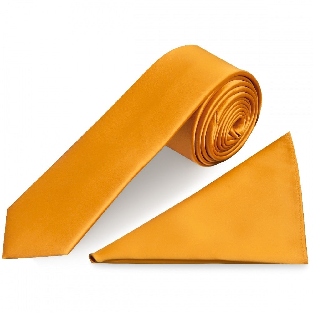 Plain Rust Satin Skinny Mens Tie And Pocket Square Set 1