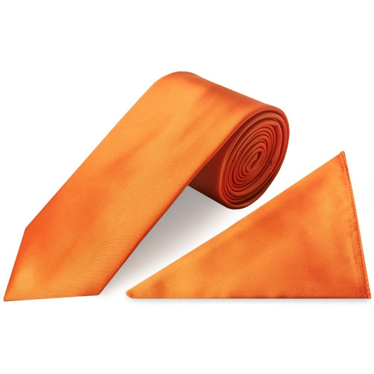 Plain Orange Satin Classic Mens Tie And Pocket Square Set 1