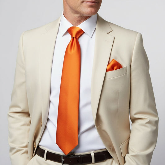 Plain Orange Satin Classic Mens Tie And Pocket Square Set 2
