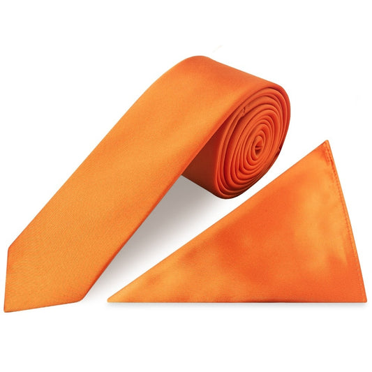 Plain Orange Satin Skinny Mens Tie And Pocket Square Set 1