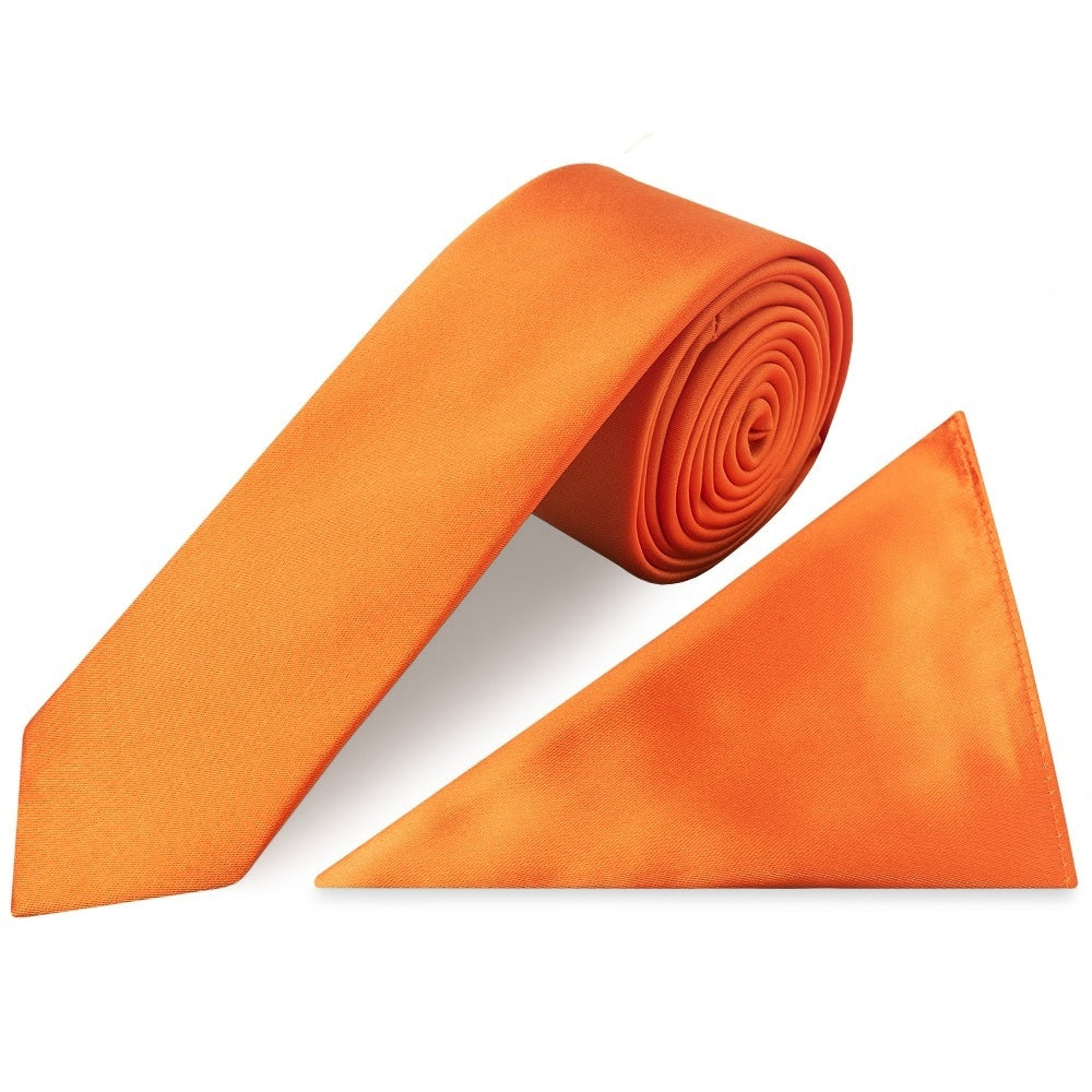 Plain Orange Satin Skinny Boys Tie And Pocket Square Set 1