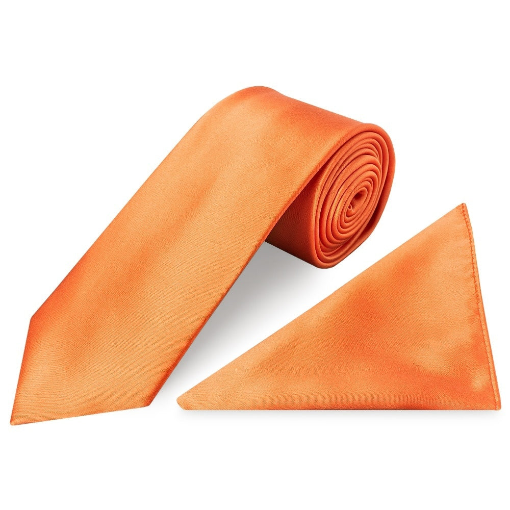 Plain Burnt Orange Satin Classic Mens Tie And Pocket Square Set 1