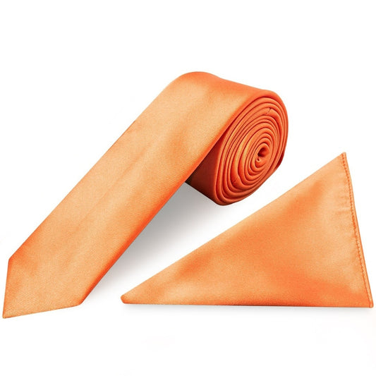 Burnt Orange Satin Skinny Boys Tie And Pocket Square Set 1