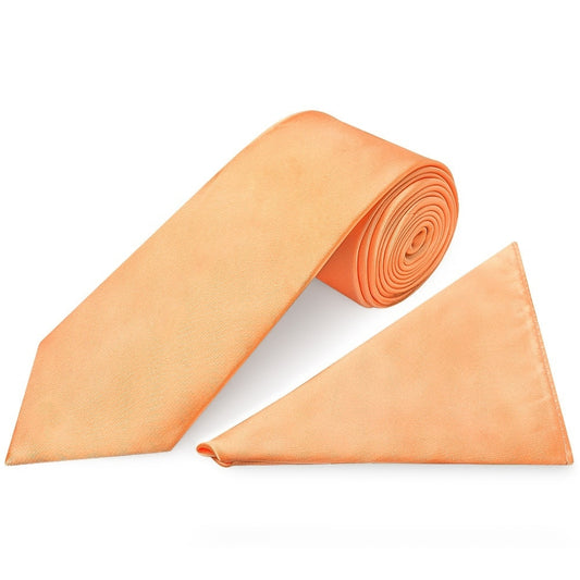 Plain Peach Satin Classic Mens Tie And Pocket Square Set 1