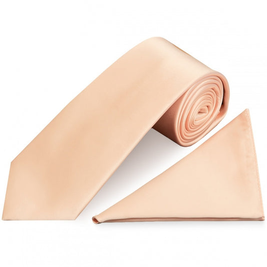 Plain Light Peach Satin Classic Mens Tie And Pocket Square Set 1