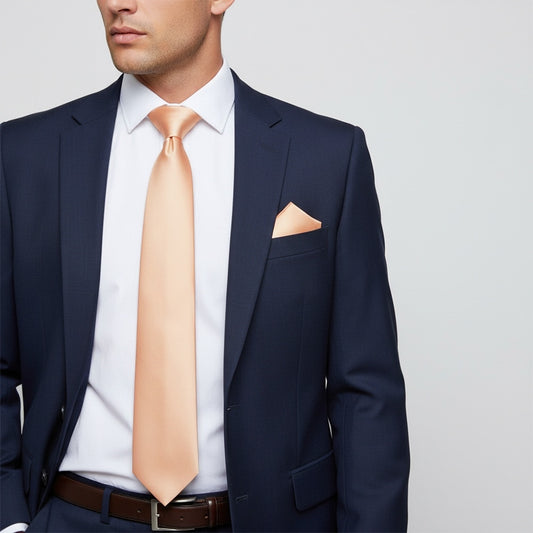 Plain Light Peach Satin Classic Mens Tie And Pocket Square Set 2