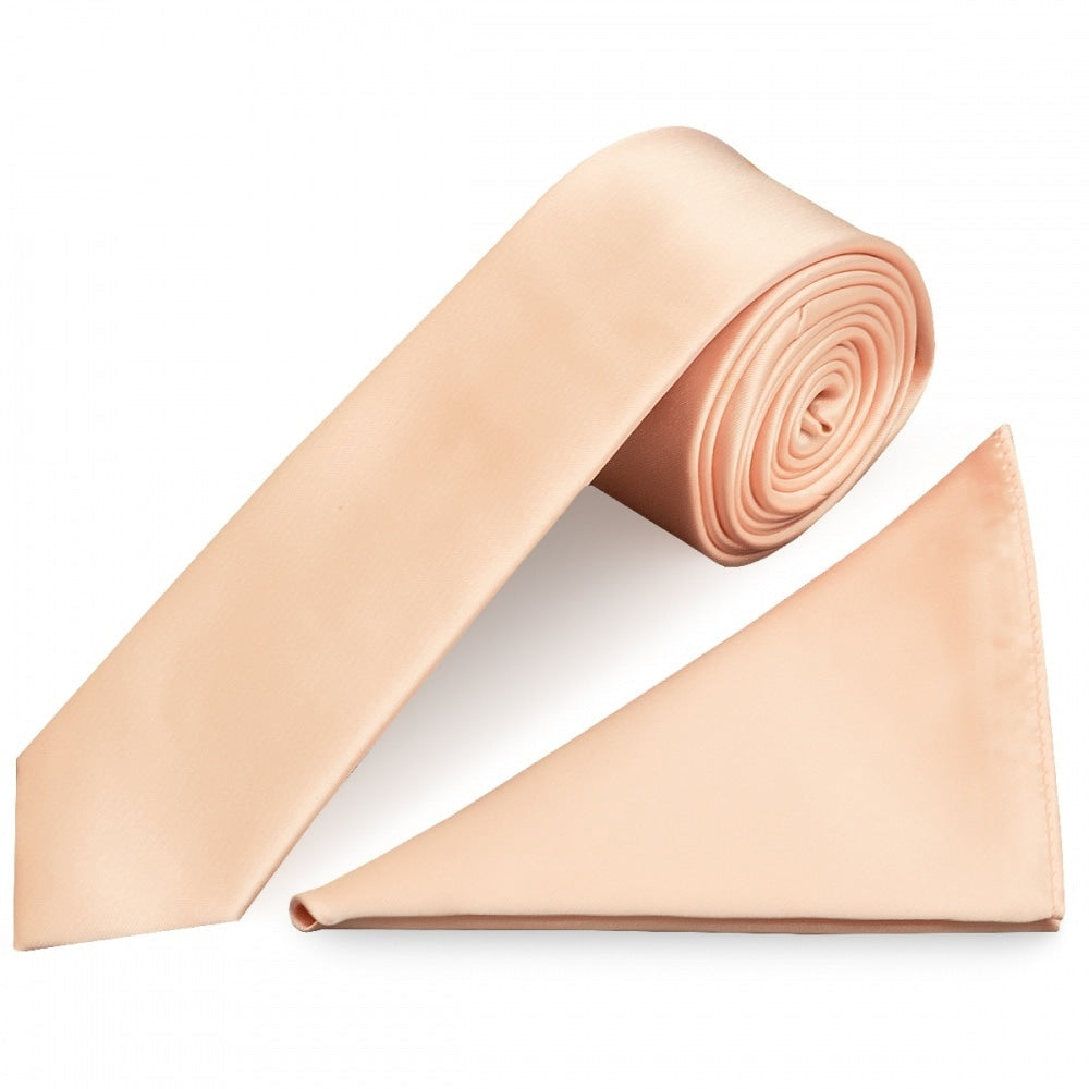 Plain Light Peach Satin Skinny Mens Tie And Pocket Square Set 1