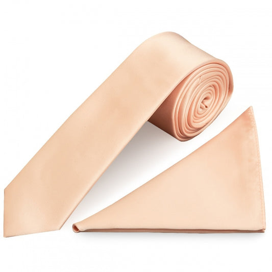 Plain Light Peach Satin Skinny Mens Tie And Pocket Square Set 1