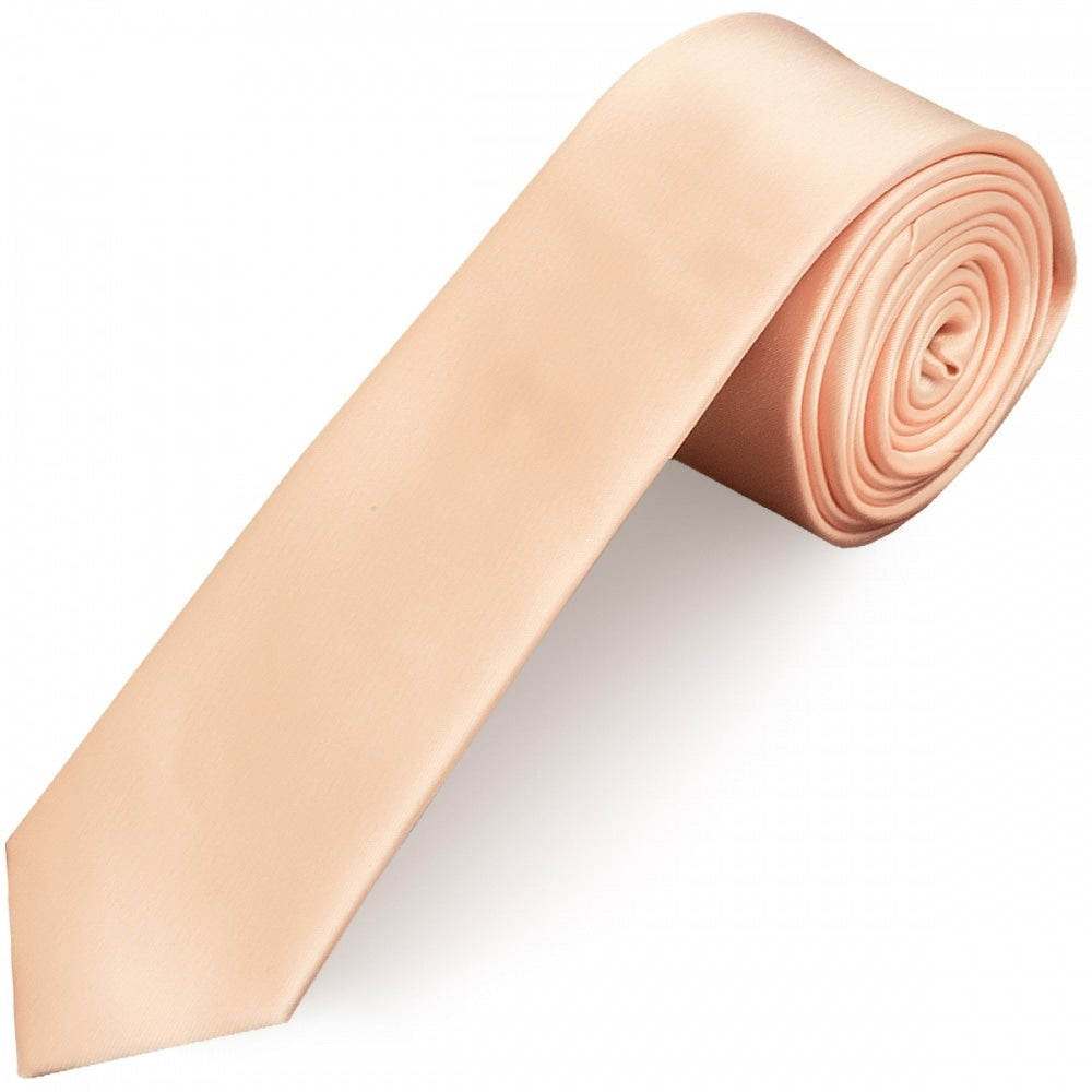 Plain Light Peach Satin Skinny Mens Tie And Pocket Square Set 2