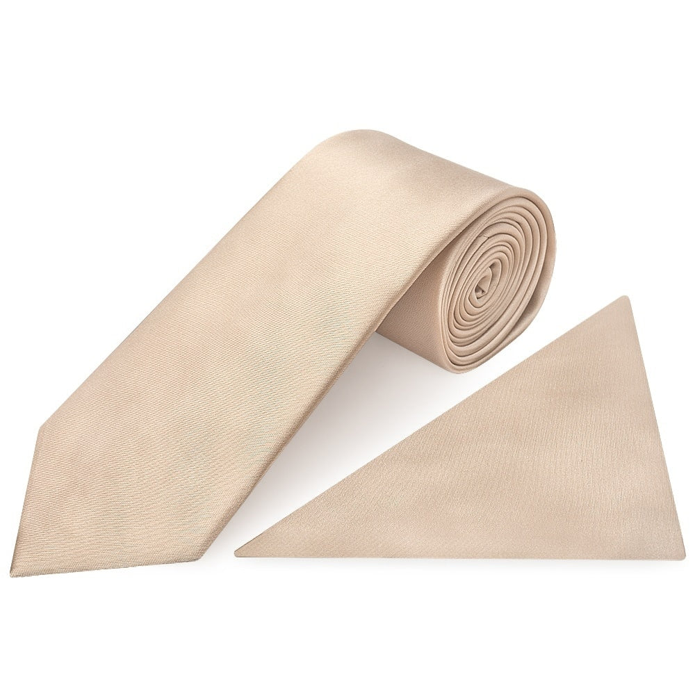 Plain Nude Satin Classic Mens Tie And Pocket Square Set 1
