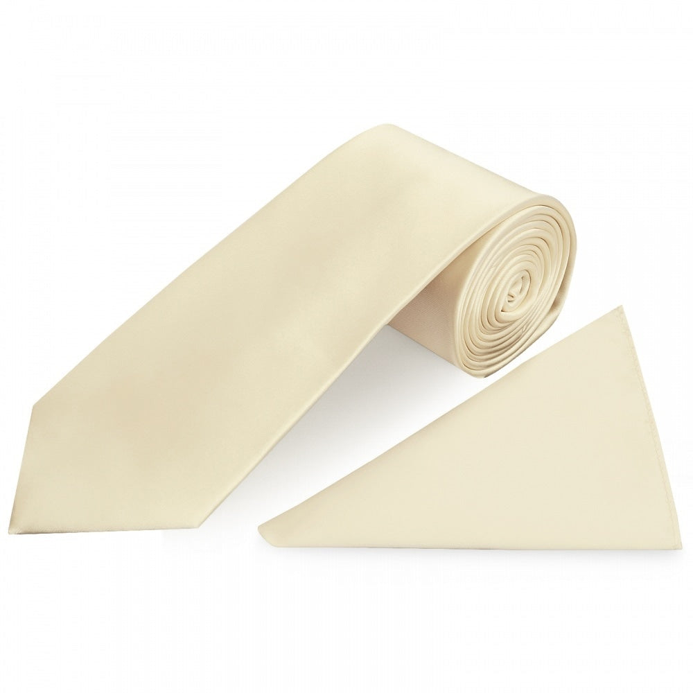 Plain Ivory Satin Classic Mens Tie And Pocket Square Set 1