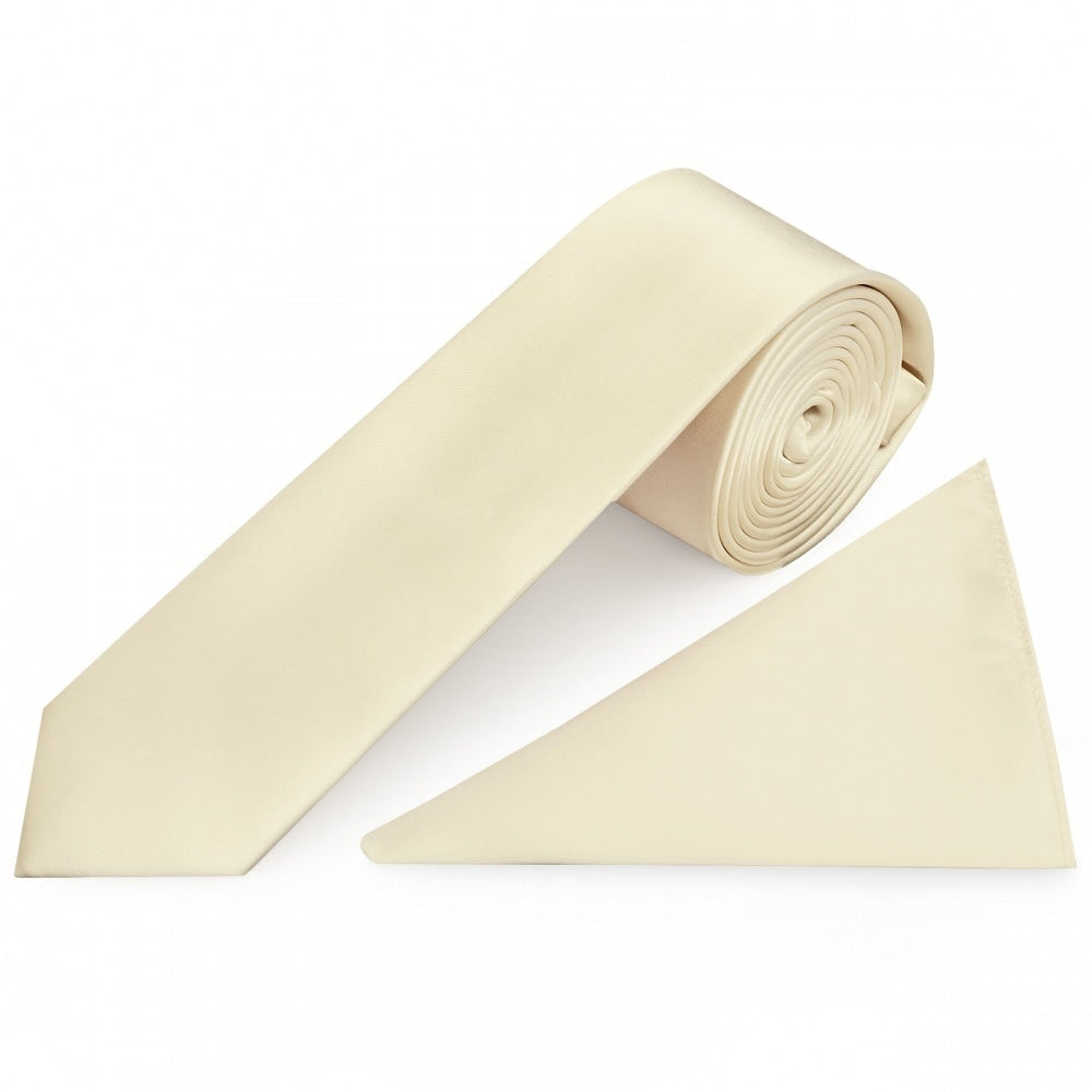 Plain Ivory Satin Skinny Mens Tie And Pocket Square Set 1