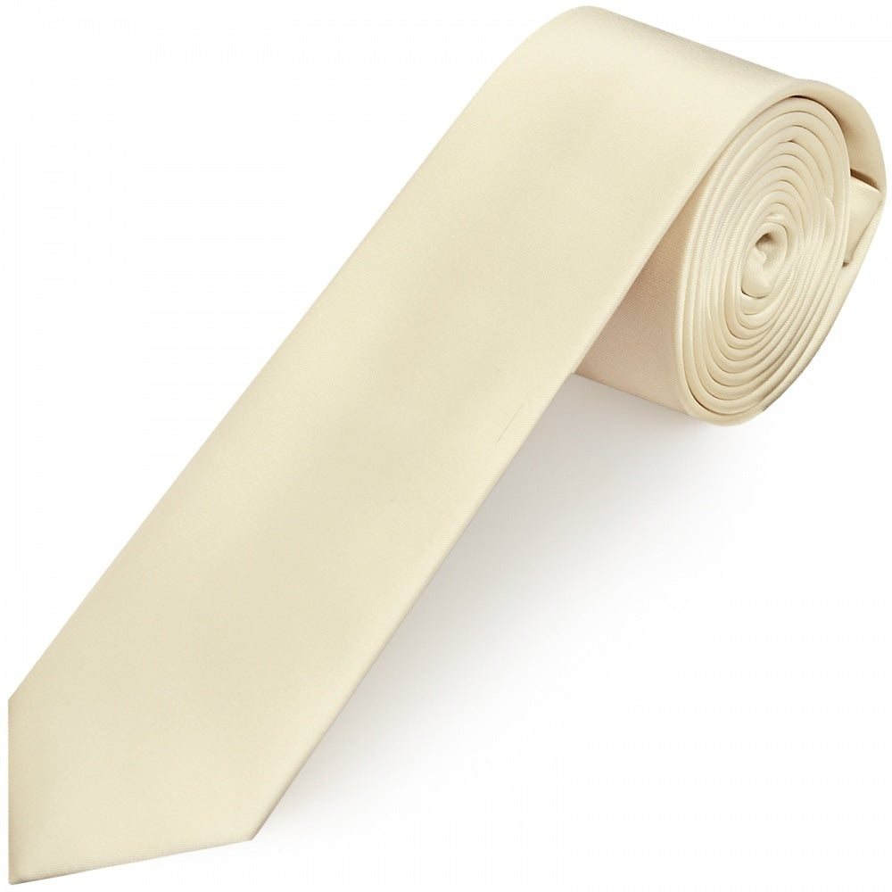 Plain Ivory Satin Skinny Mens Tie And Pocket Square Set 2